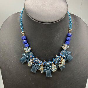 Blue & Gold Beaded Statement Necklace Adjustable 16  Mixto 20 inches Chunky Desi